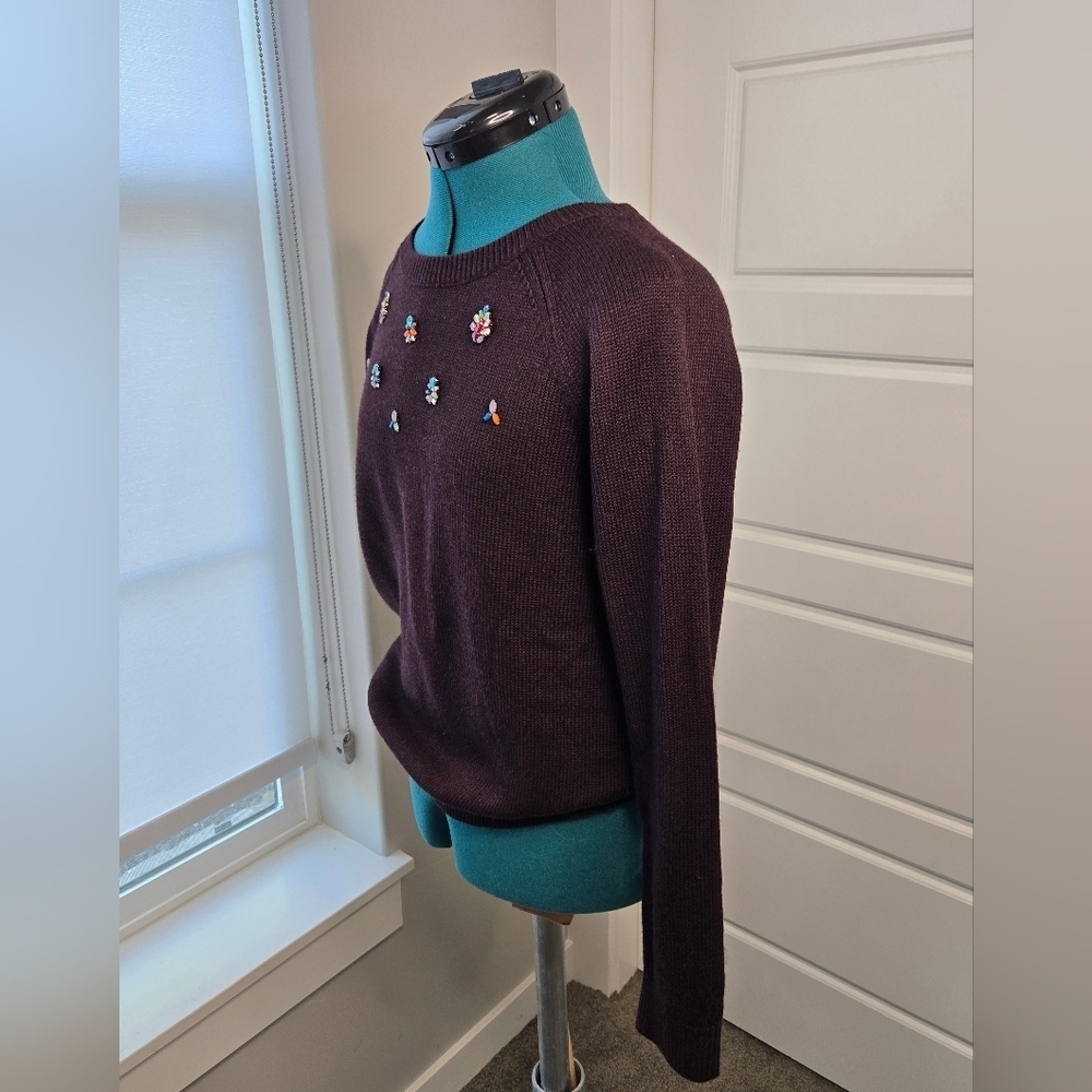 LOFT ANN TAYLOR PLUM PURPLE BEJEWELED SWEATER LONG SLEEVE WOMEN MEDIUM SPARKLE - Picture 4 of 12